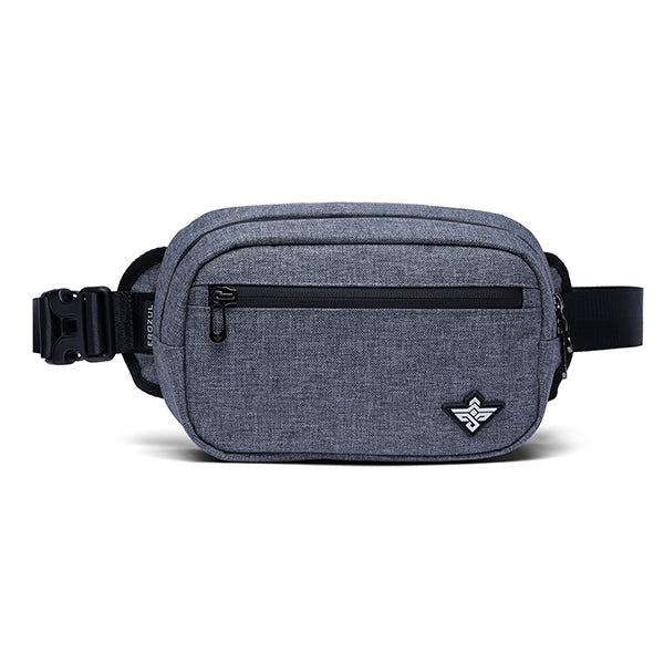 The Erozul Fortuna Smell Proof Fanny Pack Crossbody Bag features gray water-resistant fabric, black zippers, a front zip pocket, adjustable strap, and a small white logo in the lower right corner.